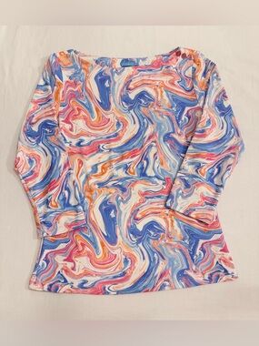 J. McLaughlin Catalina Cloth Wavesong Tee in Marbled Blue Pink Orange 3/4 Sleeve